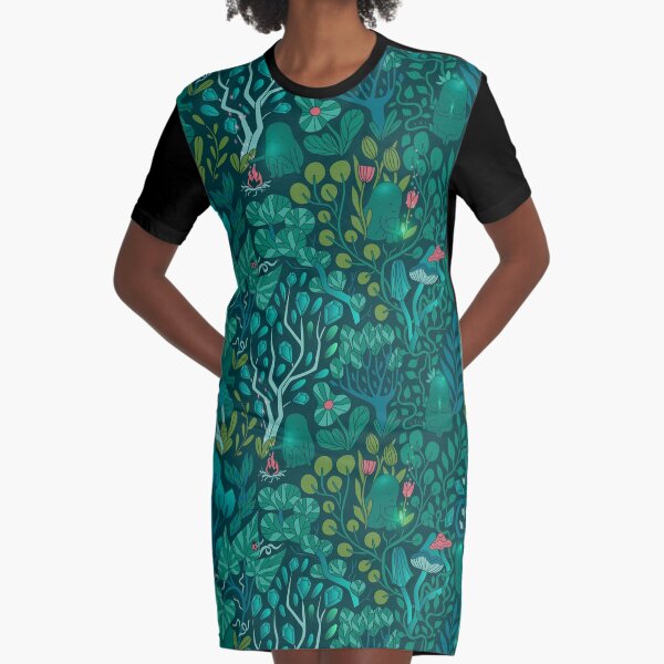 Emerald forest keepers. Fairy woodland creatures. Tree, plants and mushrooms Graphic T-Shirt Dress