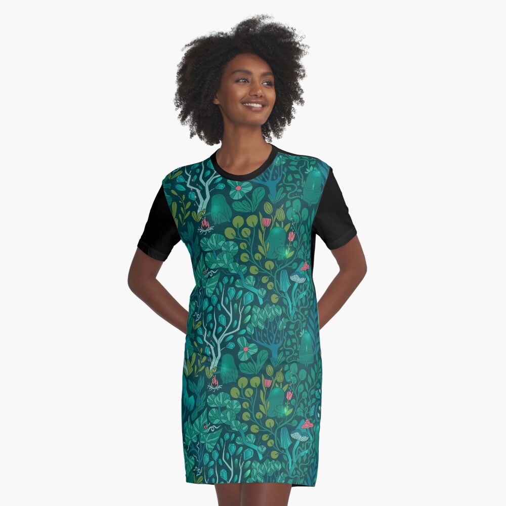 Emerald forest keepers. Fairy woodland creatures. Tree, plants and mushrooms Graphic T-Shirt Dress