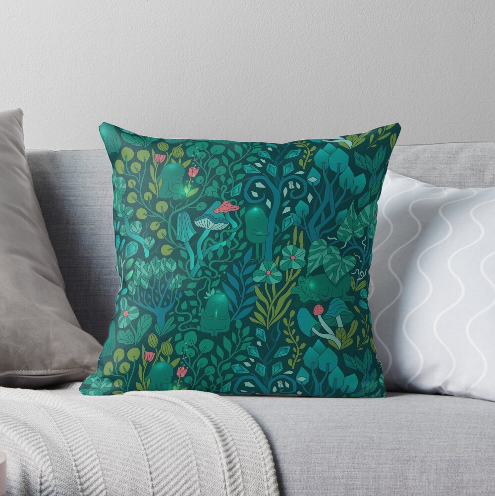 Emerald forest keepers. Fairy woodland creatures. Tree, plants and mushrooms Throw Pillow