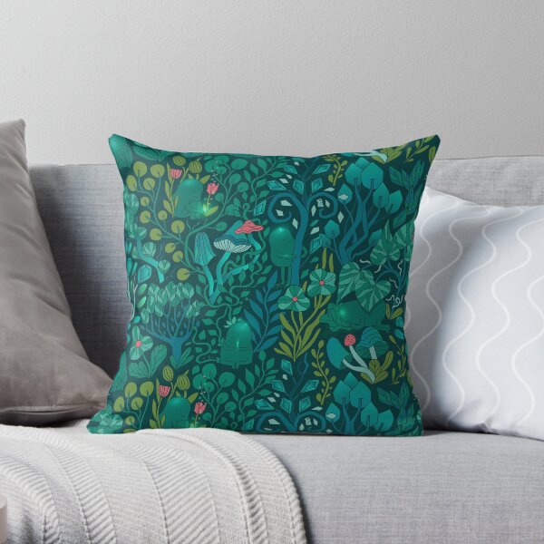 Emerald forest keepers. Fairy woodland creatures. Tree, plants and mushrooms Throw Pillow