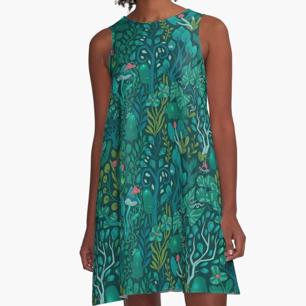 Emerald forest keepers. Fairy woodland creatures. Tree, plants and mushrooms A-Line Dress