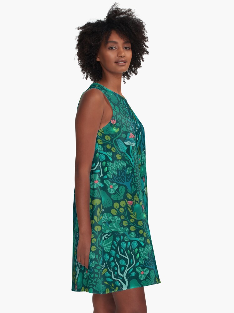 Alternate view of Emerald forest keepers. Fairy woodland creatures. Tree, plants and mushrooms A-Line Dress