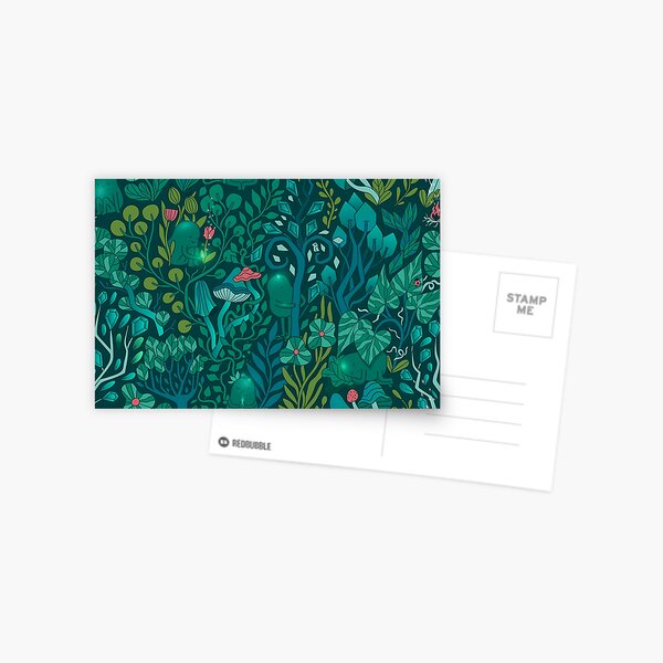 Emerald forest keepers. Fairy woodland creatures. Tree, plants and mushrooms Postcard