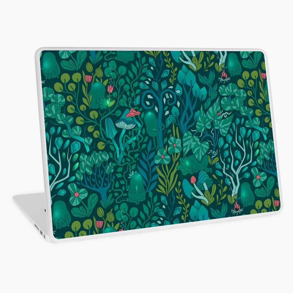 Emerald forest keepers. Fairy woodland creatures. Tree, plants and mushrooms Laptop Skin