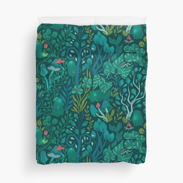 Emerald forest keepers. Fairy woodland creatures. Tree, plants and mushrooms Duvet Cover