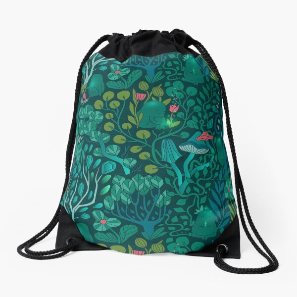 Emerald forest keepers. Fairy woodland creatures. Tree, plants and mushrooms Drawstring Bag