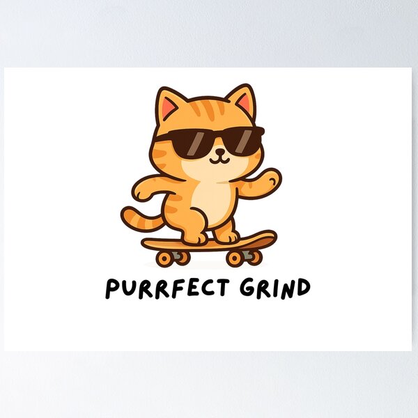 Artikelvorschau, Purrfect Grind – Niedliche Cartoon-Katze auf Skateboard entworfen und verkauft von Printessive Designs.