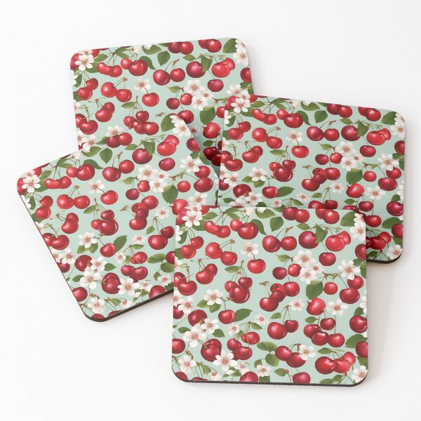 Item preview, Vibrant Pattern of Red Cherries and White Blossoms on a Green Background designed and sold by KanDa-Shop.