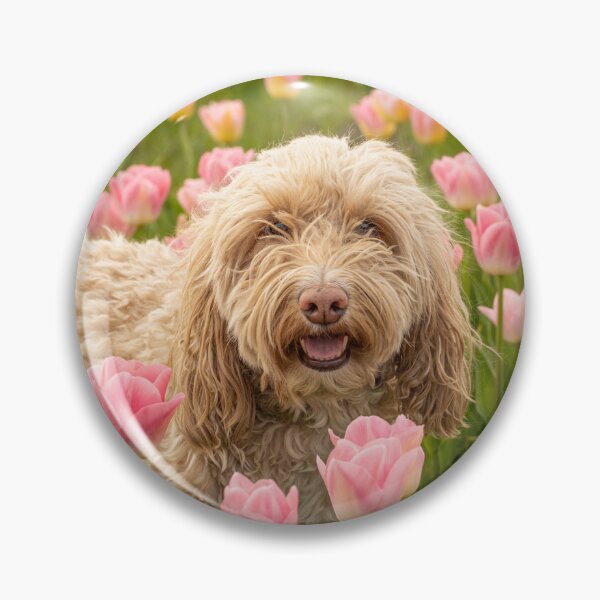 Item preview, Blonde Cockapoo dog in pink tulips field. designed and sold by bailey-cooper.