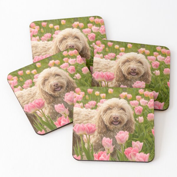 Item preview, Blonde Cockapoo dog in pink tulips field. designed and sold by bailey-cooper.