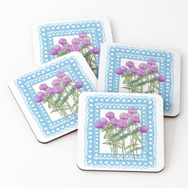 Item preview, Watercolor Globe Amaranth Flowers with Blue Lace Frame designed and sold by thanratdesign.