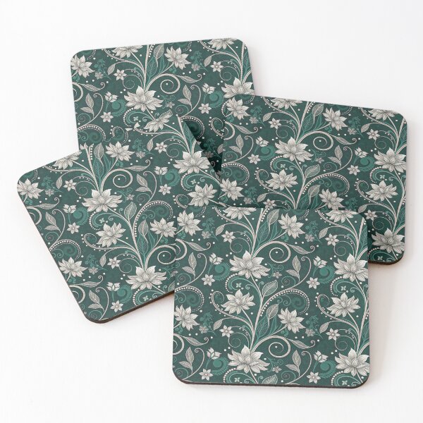 Item preview, Ornamental White Lotus Floral Pattern on Deep Green designed and sold by ML-Media.