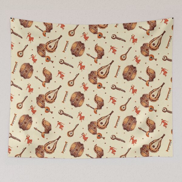 Item preview, Indian Classical Music and Dance Watercolor Pattern (Celebration of India - Rustic Folk Art Pattern) designed and sold by PaperCastle.