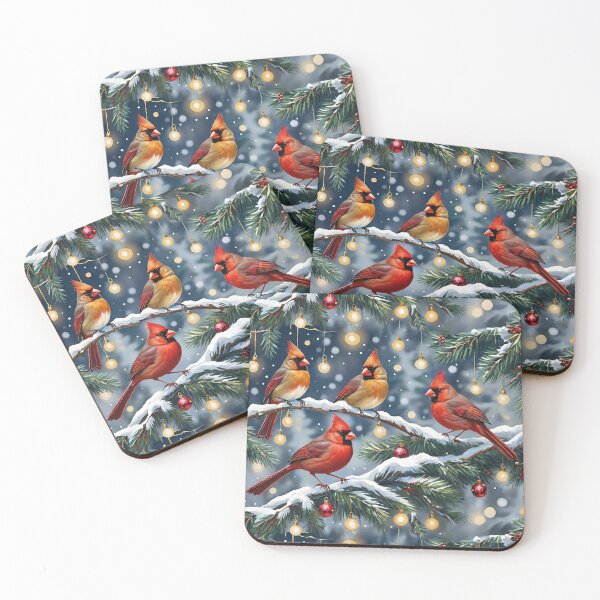 Item preview, Christmas Red Cardinals Sitting On Snowy Branches With Lights And Ornaments designed and sold by CarrollGene.