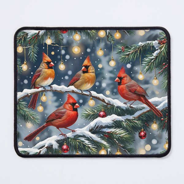 Item preview, Christmas Red Cardinals Sitting On Snowy Branches With Lights And Ornaments designed and sold by CarrollGene.