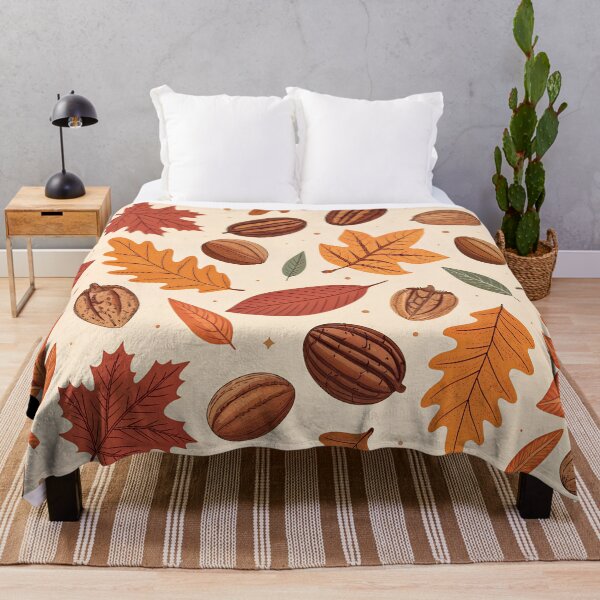 Item preview, Autumn Pecan Pattern – Repeating Nuts and Fall Leaves in Warm Brown and Orange designed and sold by VividOrganica.