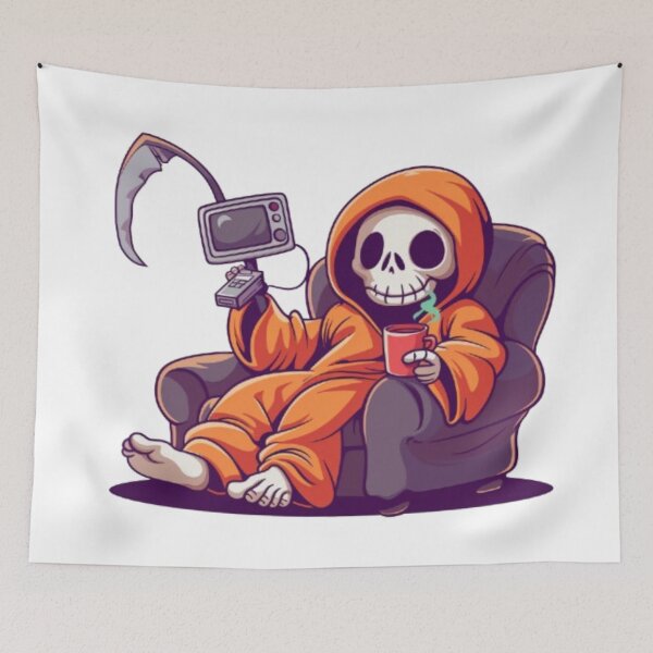 Item preview, Lazy Grim Reaper Gamer – Skeleton with Coffee and Console designed and sold by AlexLineArt.
