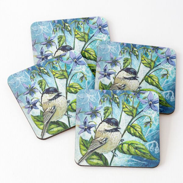 Item preview, "Blue Stars" Chickadee Bird on Borage Flowers by artist Renee Machan designed and sold by RMachanArt.