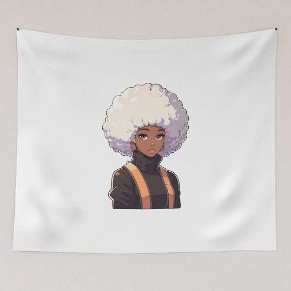Item preview, Afrocentric Anime Girl Illustration – Black Woman with White Afro & Orange Strap Outfit designed and sold by OsasChild.