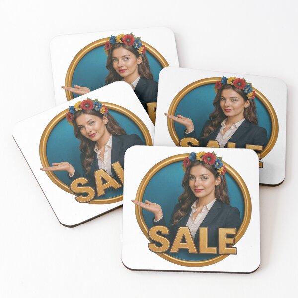 Item preview, Woman in Dark Blazer with Floral Crown and Sale Text on Teal Background designed and sold by Creative88Art.