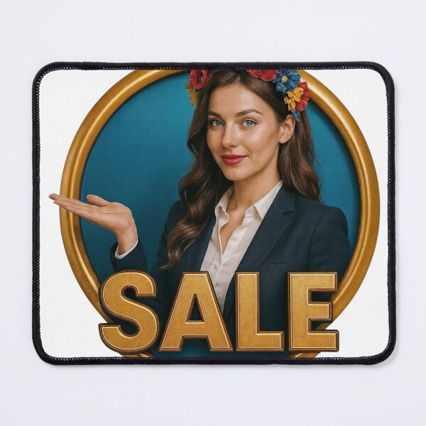 Item preview, Woman in Dark Blazer with Floral Crown and Sale Text on Teal Background designed and sold by Creative88Art.