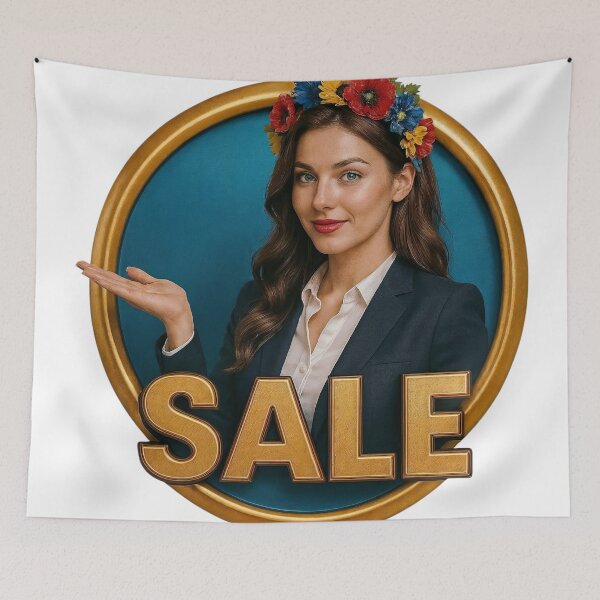 Item preview, Woman in Dark Blazer with Floral Crown and Sale Text on Teal Background designed and sold by Creative88Art.