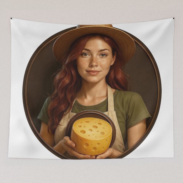 Item preview, Young Woman Holding Round Block of Yellow Cheese in Rustic Setting designed and sold by Creative88Art.