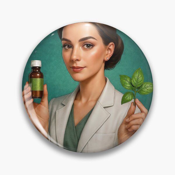 Item preview, Woman in Lab Coat Holding Amber Bottle and Green Leaves on Teal designed and sold by Creative88Art.