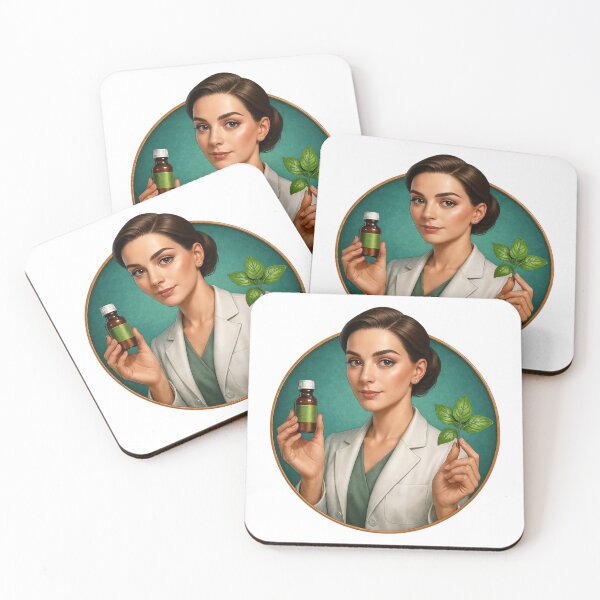 Item preview, Woman in Lab Coat Holding Amber Bottle and Green Leaves on Teal designed and sold by Creative88Art.