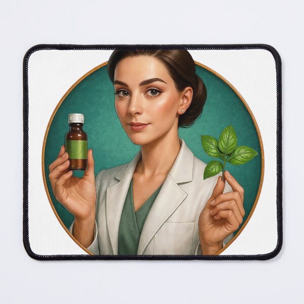 Item preview, Woman in Lab Coat Holding Amber Bottle and Green Leaves on Teal designed and sold by Creative88Art.
