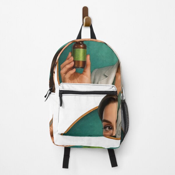 Item preview, Woman in Lab Coat Holding Amber Bottle and Green Leaves on Teal designed and sold by Creative88Art.
