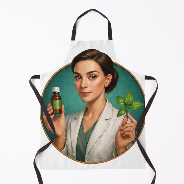 Item preview, Woman in Lab Coat Holding Amber Bottle and Green Leaves on Teal designed and sold by Creative88Art.