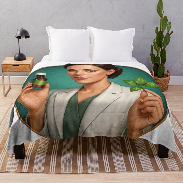 Item preview, Mujer con bata de laboratorio sosteniendo una botella ámbar y hojas verdes sobre fondo verde azulado designed and sold by Creative88Art.