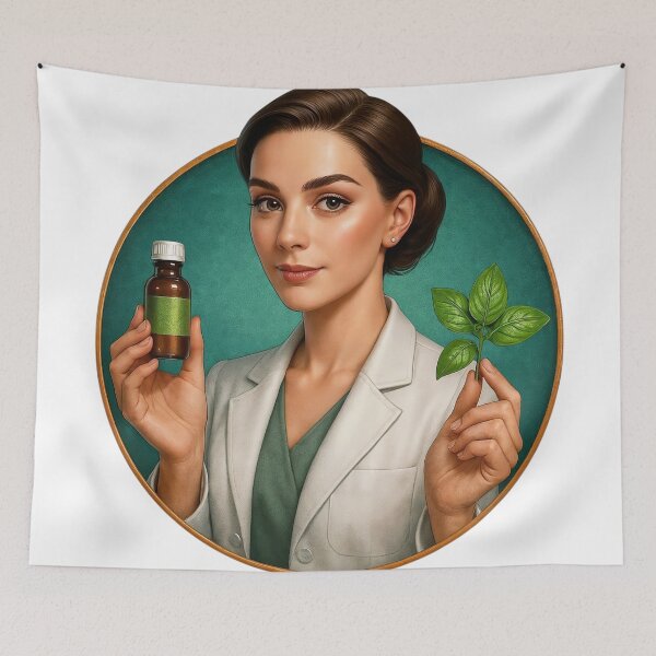 Item preview, Woman in Lab Coat Holding Amber Bottle and Green Leaves on Teal designed and sold by Creative88Art.