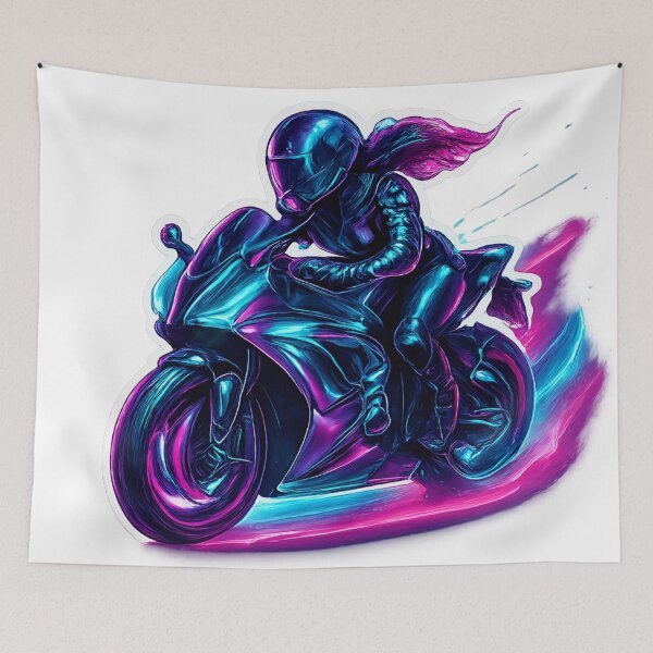 Item preview, Neon Illustration of Motorcyclist on Sports Bike with Light Streaks designed and sold by Creative88Art.