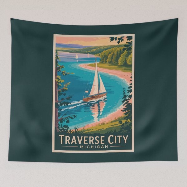 Item preview, Traverse City Michigan Illustration Travel Art Vintage designed and sold by KrisSidDesigns.