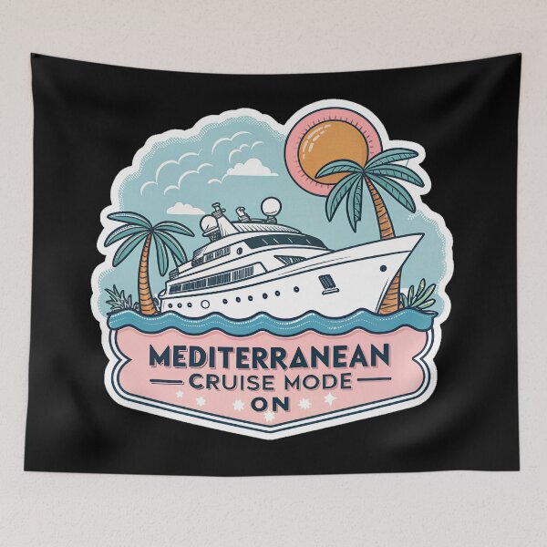 Item preview, Mediterranean Cruise Mode On Sticker – Tropical Ship and Palm Trees Cartoon Design designed and sold by VividOrganica.