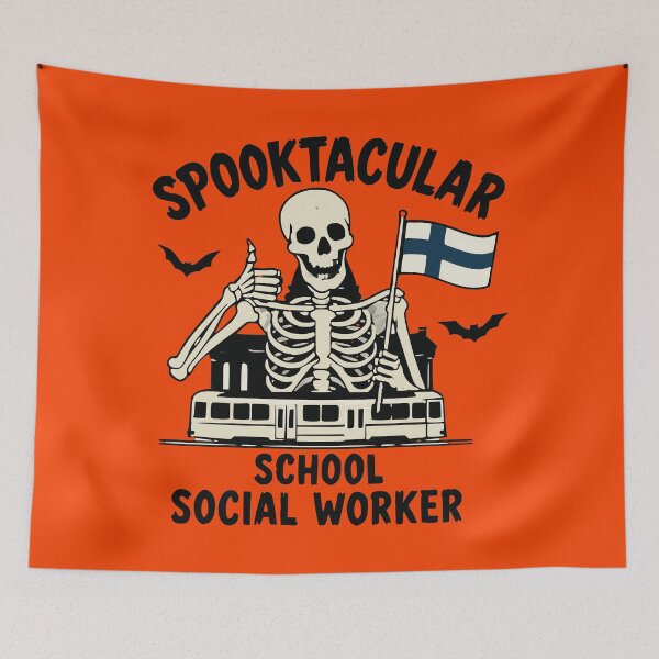 Item preview, Spooktacular School Social Worker Skeleton Halloween Finland Flag designed and sold by Silent Watch Threads..