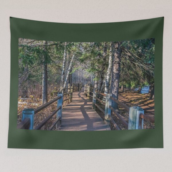 Item preview, Beautiful Shadowed Boardwalk Path lined with Evergreen Trees along the Gooseberry River designed and sold by LINDA MCKUSICK.