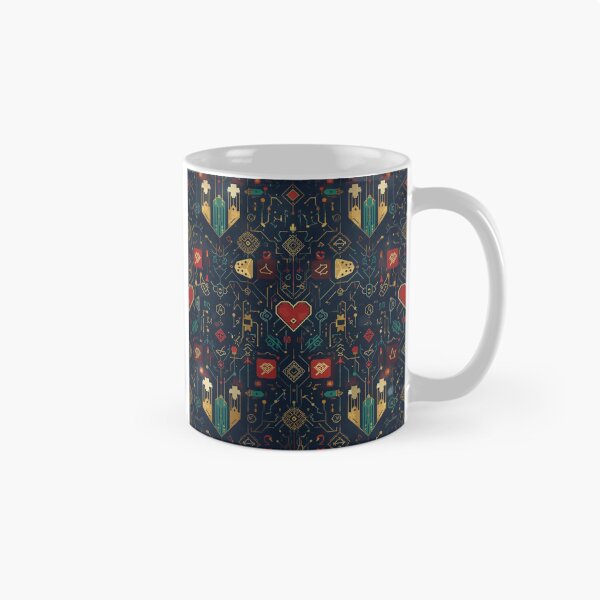 Item preview, Nerdy Chic Ornamental Pattern – Pixel Hearts, Dice & Geek Symbols in Gold and Red designed and sold by RaeStarling.