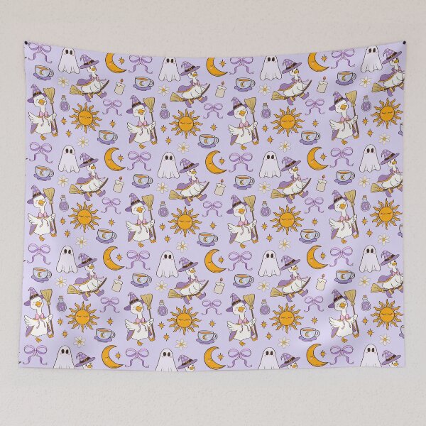 Item preview, Kawaii Witch Goose & Ghost – Lilac & Pink Pastel Halloween Pattern designed and sold by smeraldosecrets.