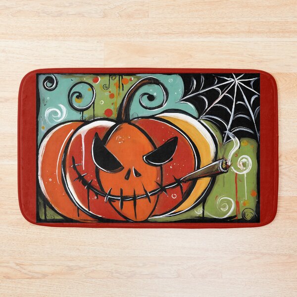 Item preview, Mischievous Pumpkin with Cigar Surrounded by Abstract Swirls and Halloween Spiderwebs designed and sold by OlfactoART Studio.