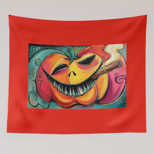 Item preview, Enjoy Halloween Fun with a Smiling Pumpkin Puffing a Cigar Amid Whimsical Spirals designed and sold by OlfactoART Studio.