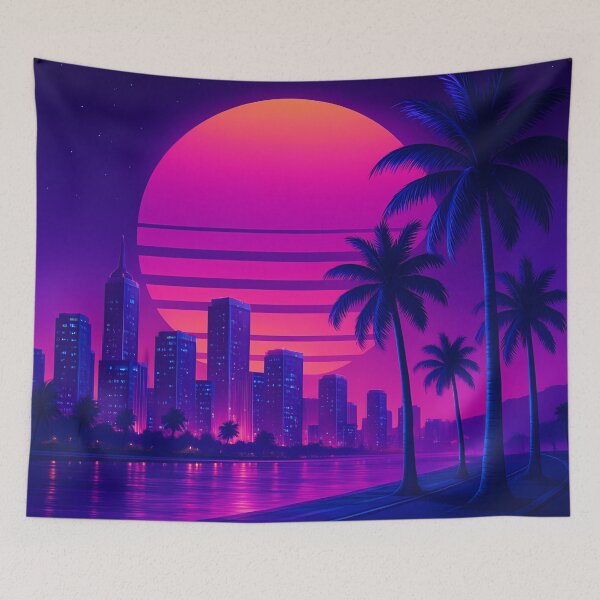 Item preview, Neon Sunset Cityscape – Retro Synthwave Skyline with Palm Trees designed and sold by JWsNeonHorizons.