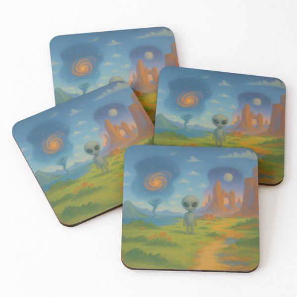 Item preview, Cute Alien in Surreal Cosmic Landscape – Retro Sci-Fi Art" designed and sold by EsoKafi Design.