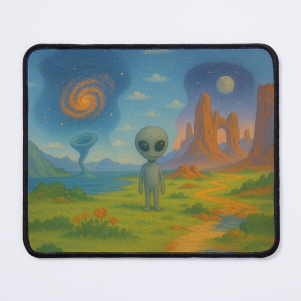 Item preview, Cute Alien in Surreal Cosmic Landscape – Retro Sci-Fi Art" designed and sold by EsoKafi Design.