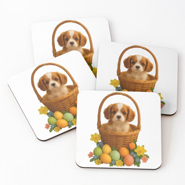 Item preview, Cute Easter Puppy in Basket with Colorful Eggs and Flowers designed and sold by inkoutninja.