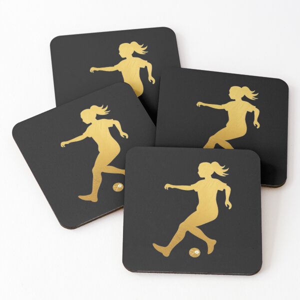 Item preview, A female soccer player skilfully dribbles the football across the playground_Gold paint designed and sold by Aariq.