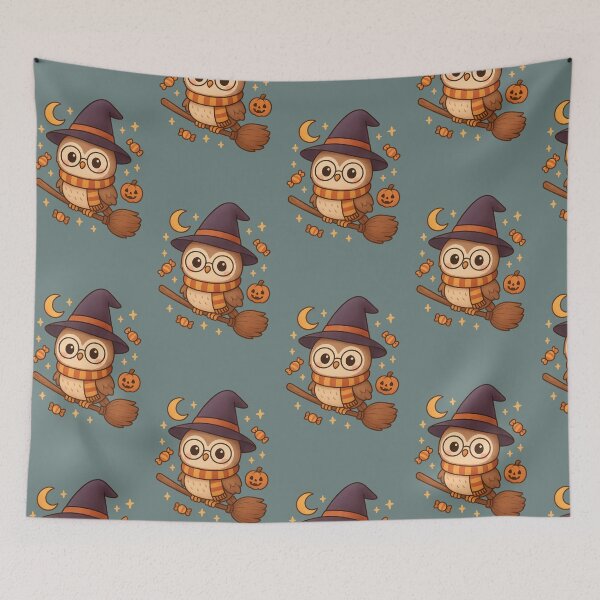 Item preview, Cute Halloween Owl Witch on Broomstick designed and sold by Minimochi Art.