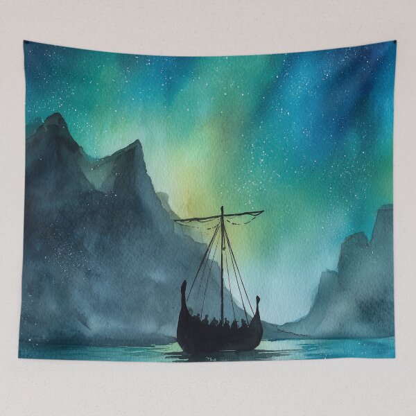 Item preview, Aurora Over the Fjord: Longship at Midnight designed and sold by ArgentoArt.